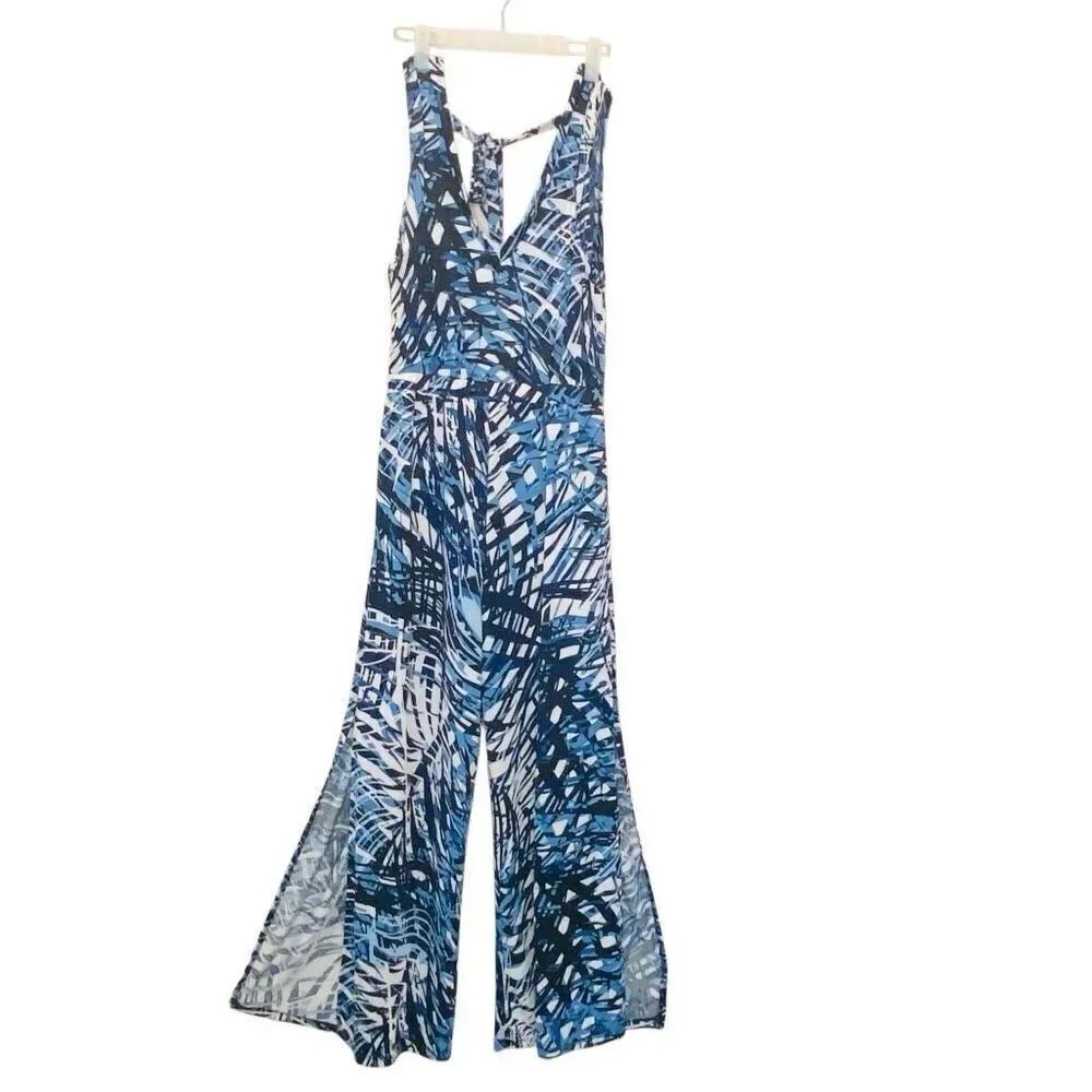 INC International Concepts Sleeveless Wide Slit Leg Jumpsuit Blue Size Small